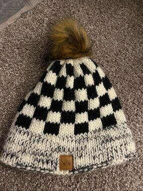 C.C Black & White Checker Knit Pom Beanie with Brown Pom